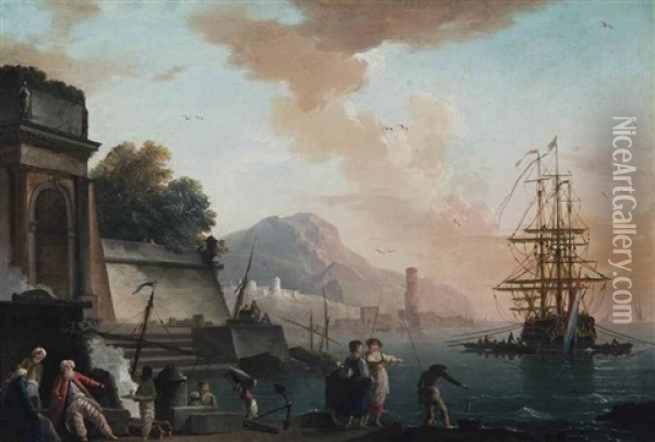 A Mediterranean Harbour Scene At Sunset, With Figures Smoking And Conversing In The Foreground And An Anchored Ship Beyond Oil Painting - Charles Francois Lacroix