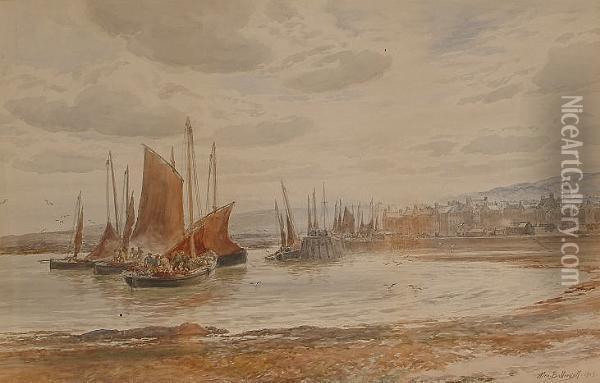 Fishing Boats Close To Habour; Boat Builders By The Shore. Oil Painting - Alexander Ballingall