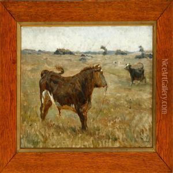 A Bull And A Horseon A Field Oil Painting - Valdemar Irminger