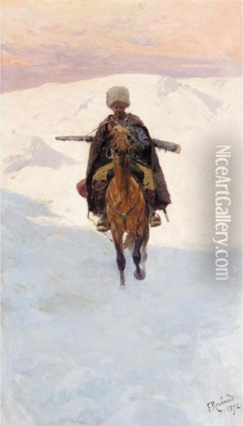 Mounted Cossack On A Mountain Pass Oil Painting - Franz Roubaud