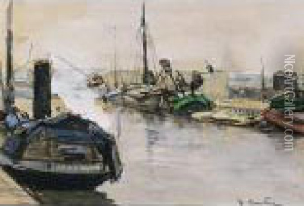 Moored Boats In Scheveningen Oil Painting - Floris Arntzenius