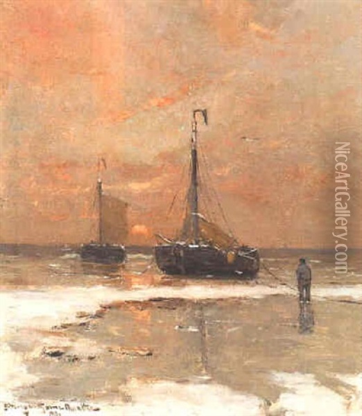 Beached Sailing Vessels At Sunset Oil Painting - Gerhard Arij Ludwig Morgenstjerne Munthe