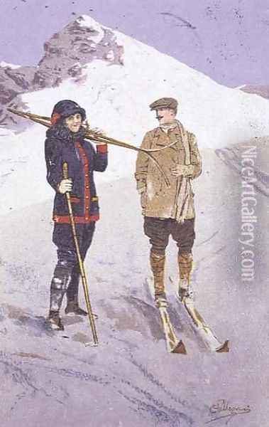 Skiers at Adelboden Oil Painting - Carlo Pellegrini