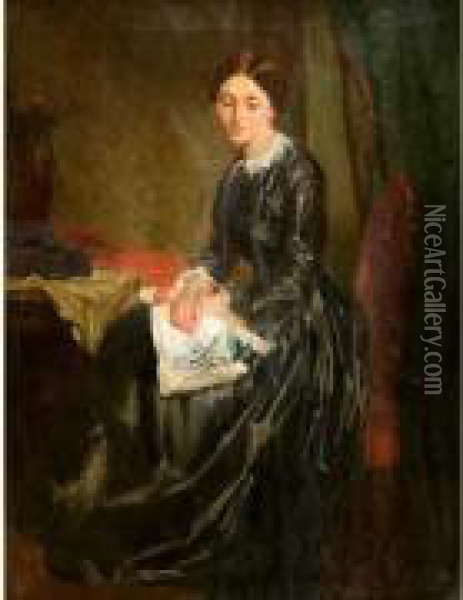 Femme Brodant Oil Painting - Eugene-Ernest Hillemacher