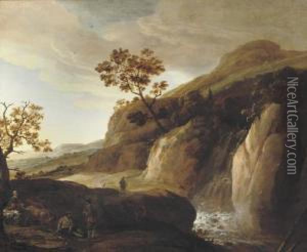 A Mountainous River Landscape With Travellers At Rest On A Bank, A Waterfall Beyond Oil Painting - Jan Looten