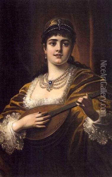 Beaute A La Mandoline Oil Painting - Egisto Ferroni