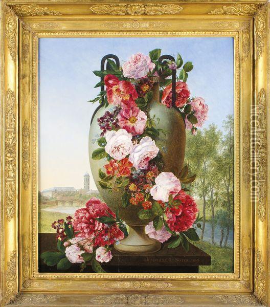 Vase De Fleurs Sur Un Entablement Sur Fond De Paysage Oil Painting - Noter David De
