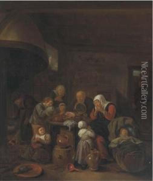 A Kitchen Interior With A Peasant Family Praying Before Ameal Oil Painting - Richard Brakenburgh