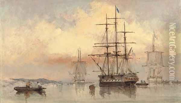 Shipping in a calm off Gilkicker Point Oil Painting - Thomas Sewell Robins