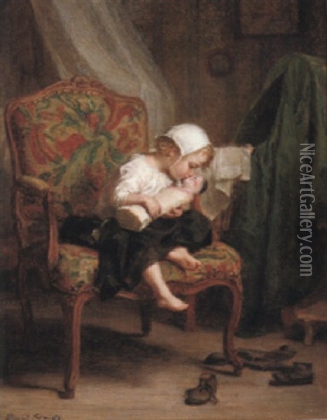 Jouant Maman Oil Painting - Pierre Edouard Frere