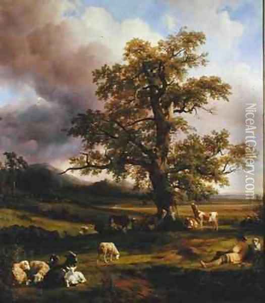 Animals Resting around a Large Oak Tree Oil Painting - Jacques-Raymond Brascassat