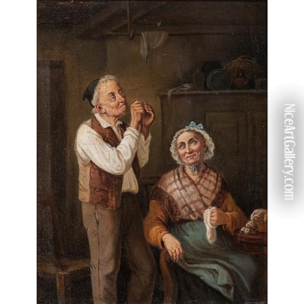 Genre Scene (elderly Couple Mending A Sock) Oil Painting - Antonio Rotta