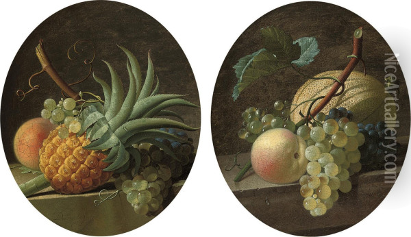A Pineapple, Grapes, And A Peach On A Stone Ledge; And A Melon,grapes, And A Peach On A Stone Ledge Oil Painting - Jean Louis de Veilly