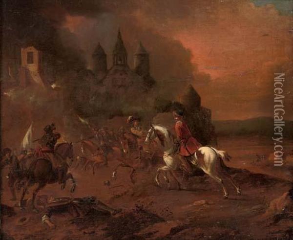 A Cavalry Skirmish Before A Town Oil Painting - Pieter van Bloemen