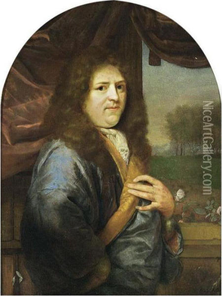 A Portrait Of A Man, Standing 
Half-length, Wearing A Blue Orange-lined Satin Overcoat With White Lace 
Chemise, In Front Of A Stone Balustrade With Curtain, A Park Landscape 
Beyond Oil Painting - Godfried Schalcken