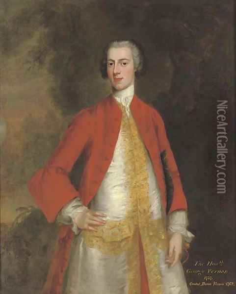 Portrait of George, 1st Baron Vernon of Sudbury, Derbyshire (b. 1707-8), three-quarter-length, in a red coat and white waistcoat with gold trim Oil Painting - Charles Philips