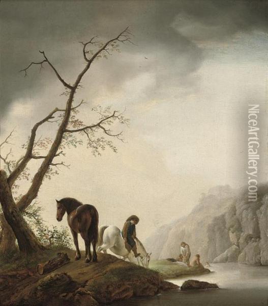 A River Landscape With A Traveller And His Horses At Rest, Bathersbeyond Oil Painting - Pieter Wouwermans or Wouwerman
