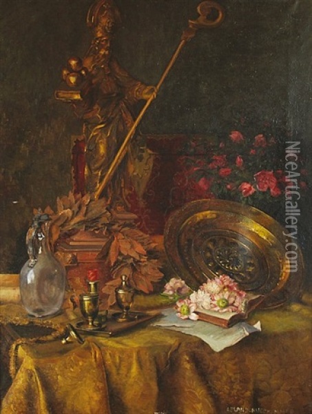 Still-life With The Statue, Book And Flowers Oil Painting - Marie Olga Brand-Krieghammer
