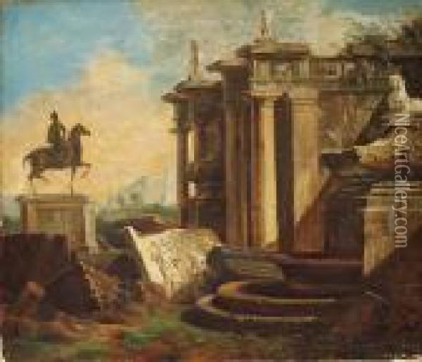 Panini Style Or Copy After, 18th Century: An Equestrian Statue And Classic Ruins Oil Painting - Giovanni Niccolo Servandoni