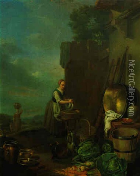 Magd Beim Geschirreinigen Vor Einem Bauernhaus Oil Painting - Justus Juncker