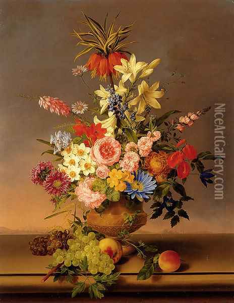 Still Life Of Various Flowers In A vase With Bunches Of Grapes And Peaches, All Resting On A Ledge With A Landscape Beyond Oil Painting - Leopold van Stoll
