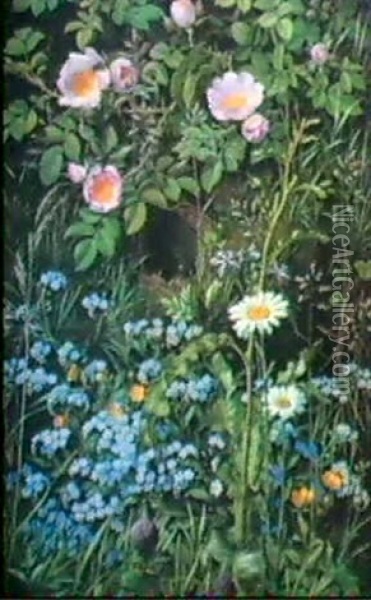 Wild Roses, Daisies, Buttercupforget-me-not And A Skylark's Nest. Oil Painting - Otto Didrik Ottesen
