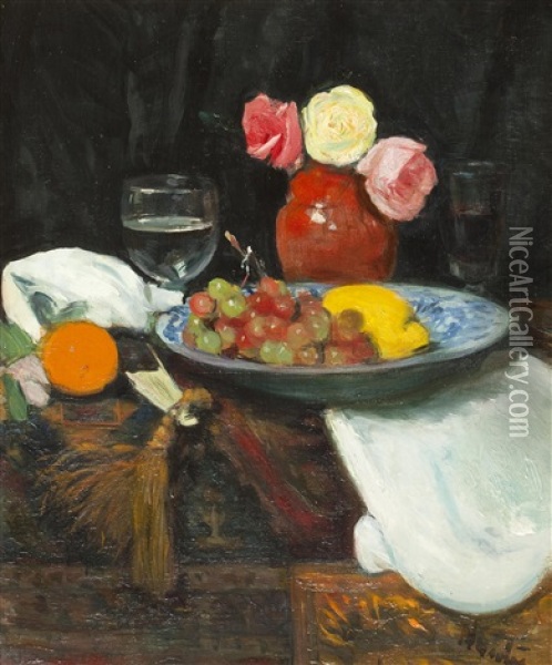Still Life With Roses, Fruit And Wine Glass Oil Painting - George Leslie Hunter
