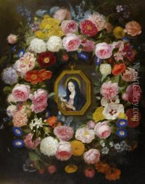 The Madonna And Child In A Floral Garland Surround. Oil Painting - Johannes Antonius van der Baren