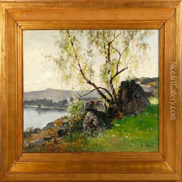 A Costal Scenery Fromhalland With Birch Trees Oil Painting - Severin Nilson