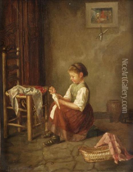 A Child Playing Inan Interior Oil Painting - Jean-Paul Haag