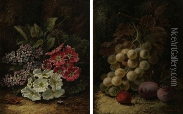 Still Life With Flowers (+ Still Life With Fruit; Pair) Oil Painting - Oliver Clare