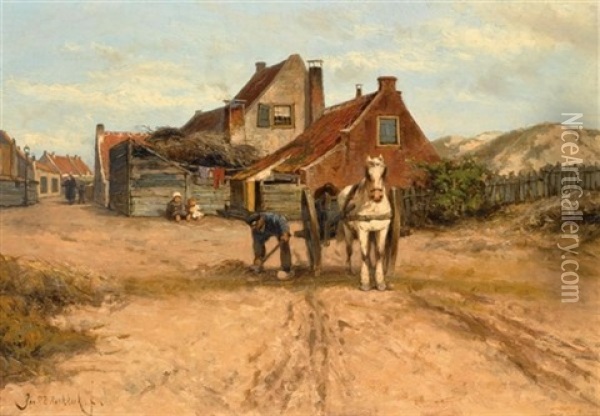 Een Buurtje Te Zandvoort Oil Painting - Johannes Hermanus Barend Koekkoek