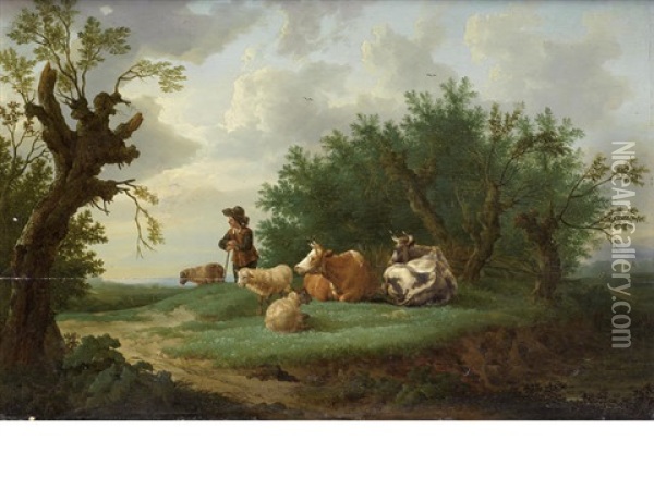 A Drover Tending To His Herd Of Sheep And Cattle Oil Painting - Jan van Gool