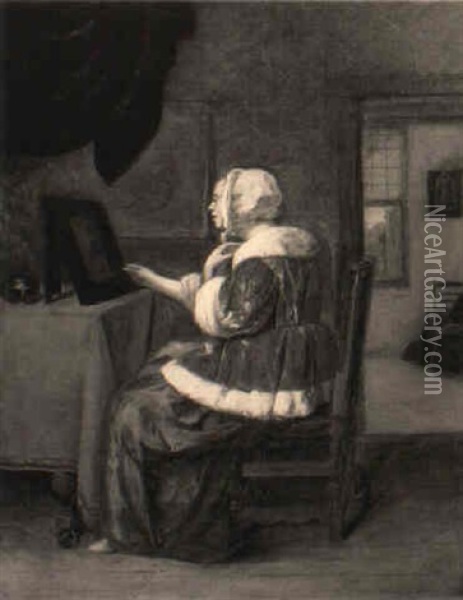 A Lady Seated At A Dressing Table In An Interior Oil Painting - Quiringh Gerritsz van Brekelenkam