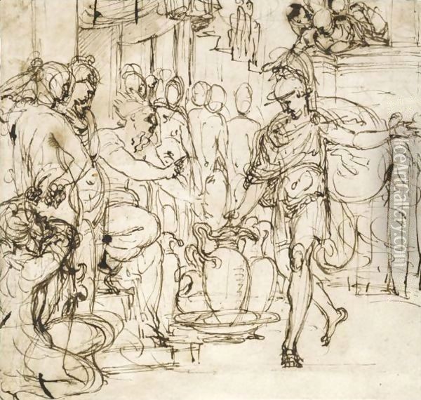 Camillus And Brennus Oil Painting - Perino del Vaga (Pietro Bonaccors)