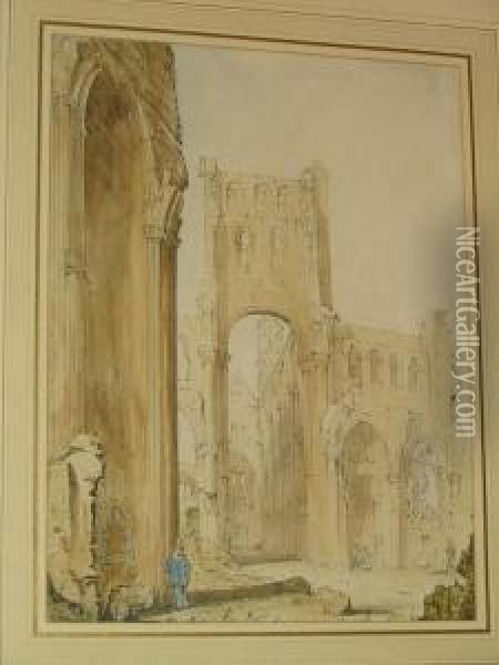 Abbey Ruins, With Figure Stood Before, Thought To Be Jumieges Oil Painting - William Frome Smallwood