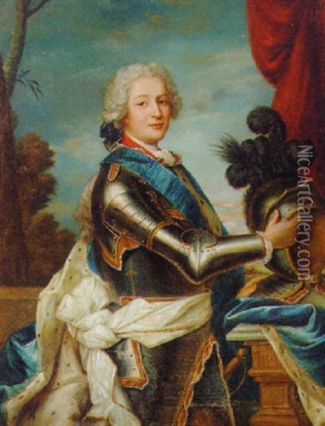 Portrait Of A Military Commander In Armour With A Blue Sash And An Ermine Lined Cloak Oil Painting - Jean Marc Nattier