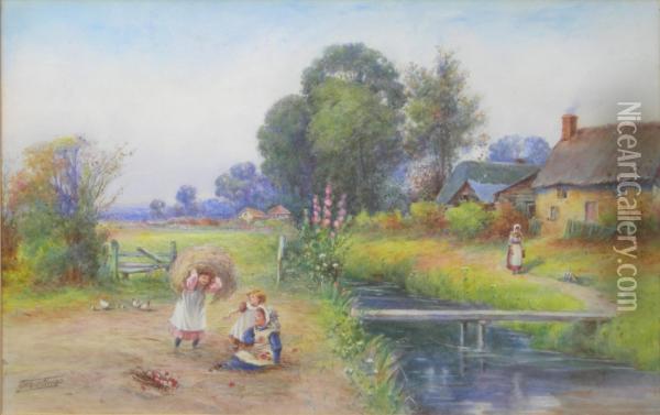 Children Playing By A Stream Oil Painting - Arthur Clough