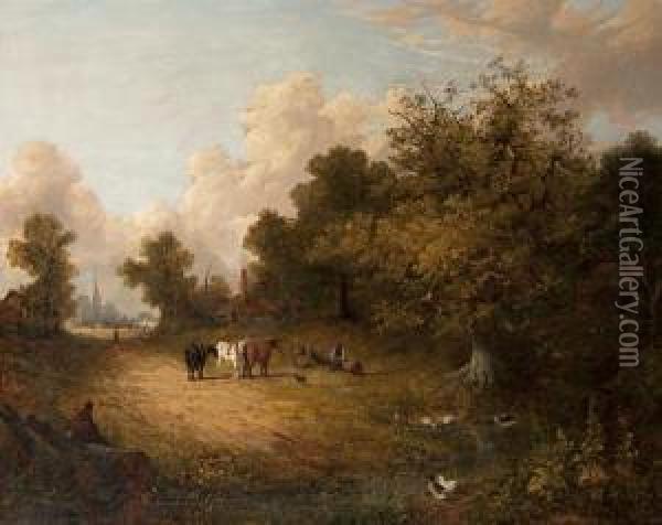 Logging Team Resting Beside A For Within An Extensive Landscape, Norwich Cathedral And Castle Beyond Oil Painting - Joseph Paul