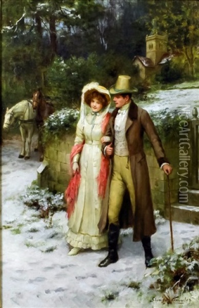 Winters Landscape With Young Couple Walking In A Garden Oil Painting - George Sheridan Knowles