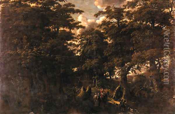 An elegant gentleman on horseback with two lady companions on a path in a wood Oil Painting - Jan Looten