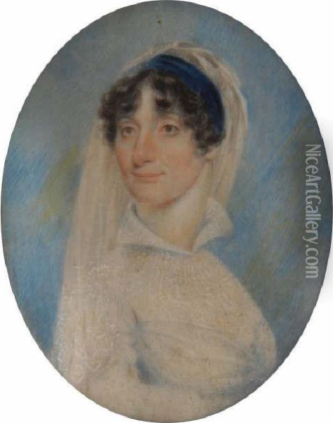 Miniature Portrait Of Alady, Head And Shoulders - Wearing A Long White Veil And Bluevelvet Hair Band Oil Painting - Richard Collins