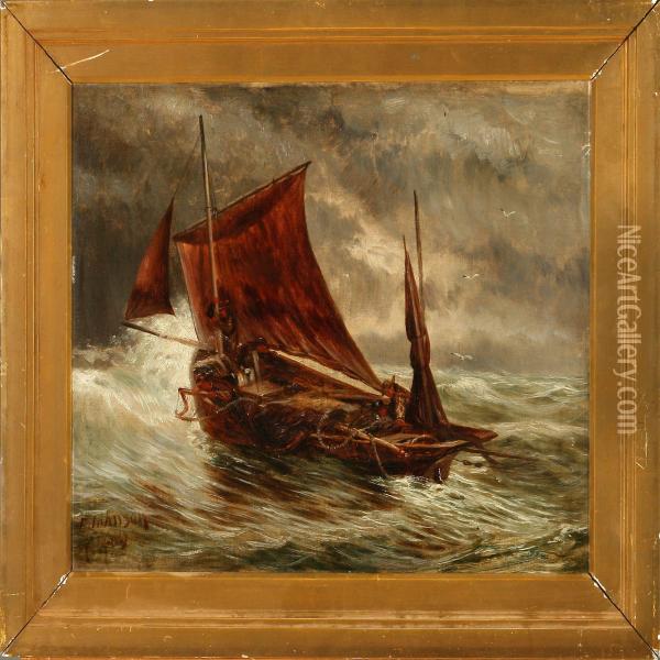 A Fishing Boat In Tallwaves Oil Painting - Charles Edouard Johnson