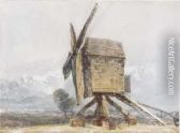 Windmill In A Landscape Oil Painting - David I Cox