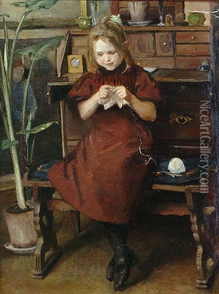 A Young Girl Knitting Oil Painting - Viggo Johansen