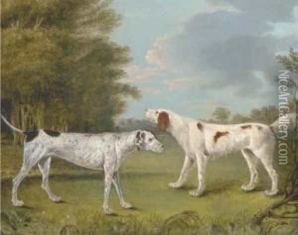 An English Setter And A Pointer In A Landscape Oil Painting - I. Rothwell