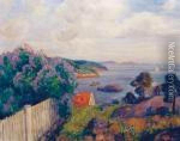 Kystlandskap Med Blomstrende Syriner Oil Painting - Thorolf Holmboe