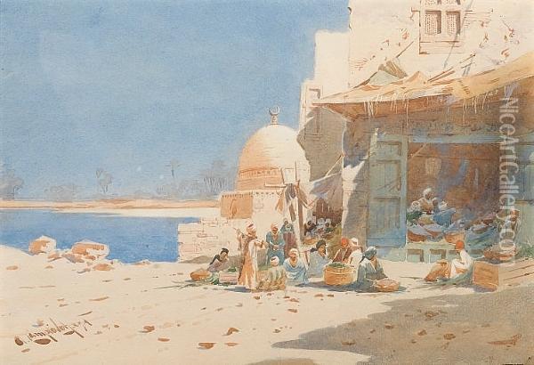 A Bazaar On The Nile Oil Painting - Augustus Osborne Lamplough