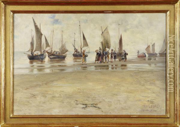 Kustbild Med Ostronplockare Oil Painting - August Wilhelm Nikolaus Hagborg
