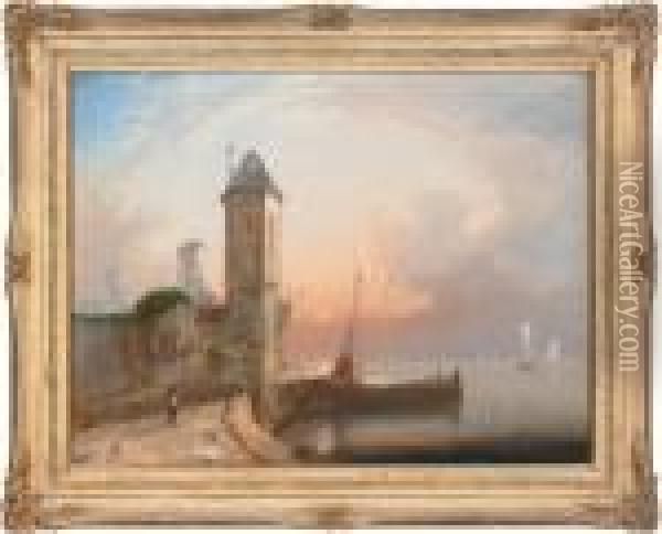 Sunset By The Quay Oil Painting - William Raymond Dommersen
